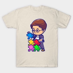 Cute Boy Connecting Puzzle Pieces Cartoon T-Shirt